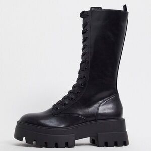 Pull & Bear Black Combat & Moto Lace Up Lug Sole Platform Boots 39